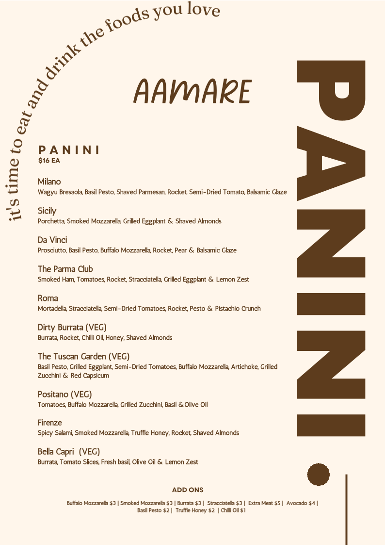 Menu, aamare cafe