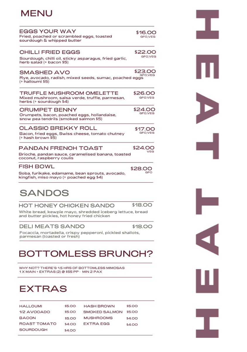 Menu, Heat Café