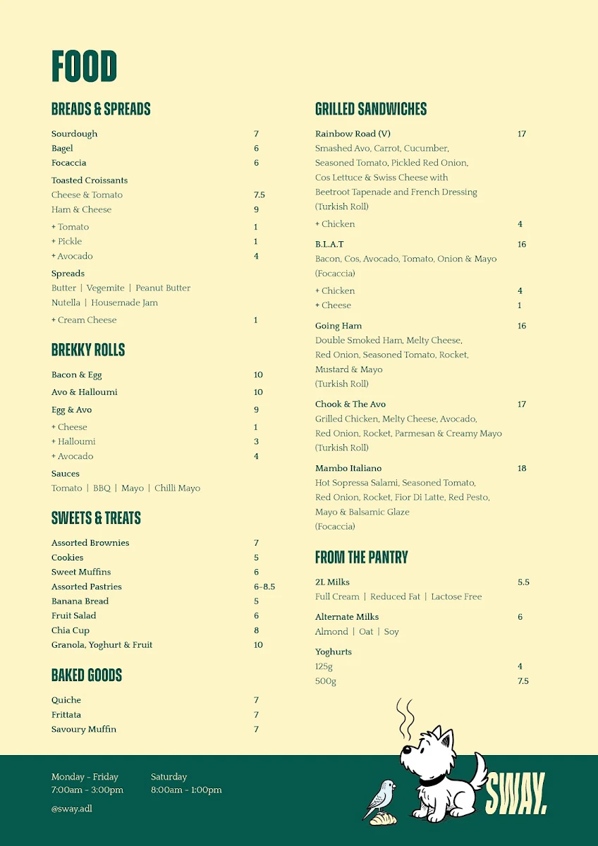 Menu, Sway Coffee Adelaide