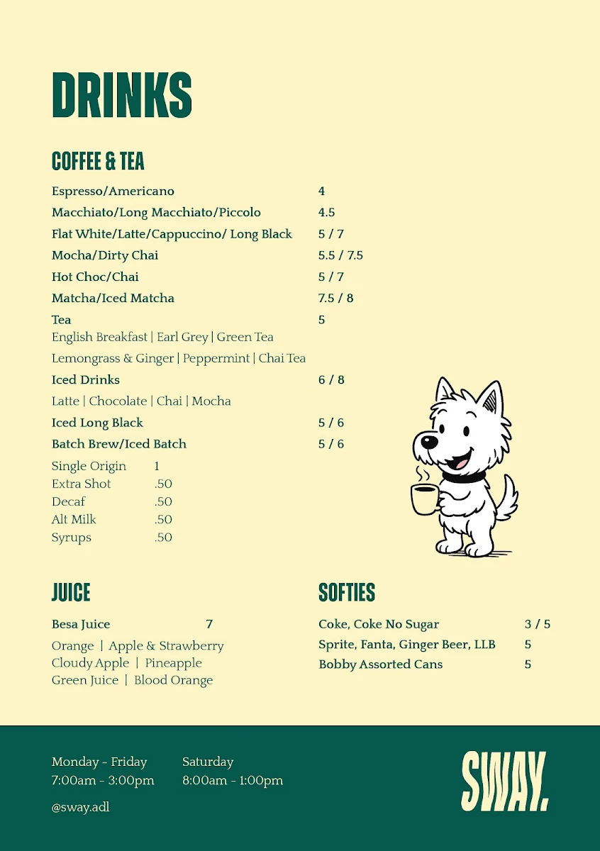 Menu, Sway Coffee Adelaide