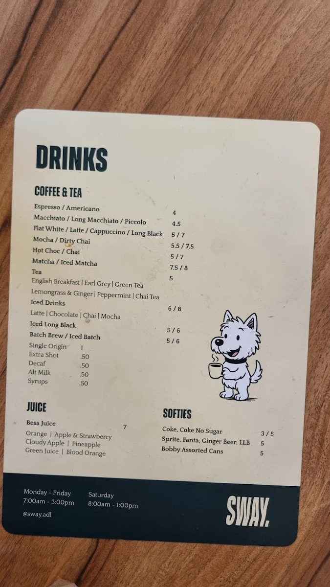 Menu, Sway Coffee Adelaide