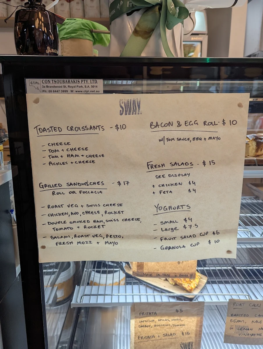 Menu, Sway Coffee Adelaide