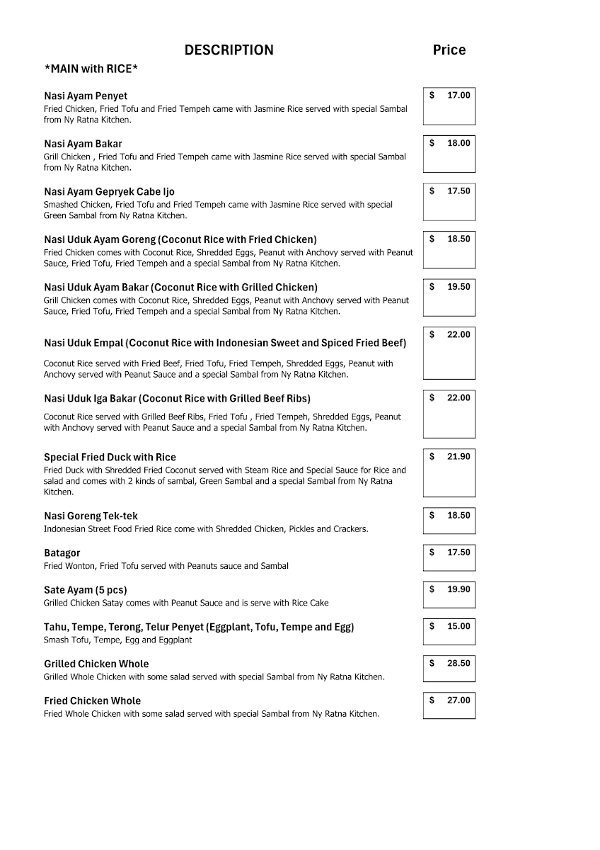 Menu, Ny Ratna Kitchen