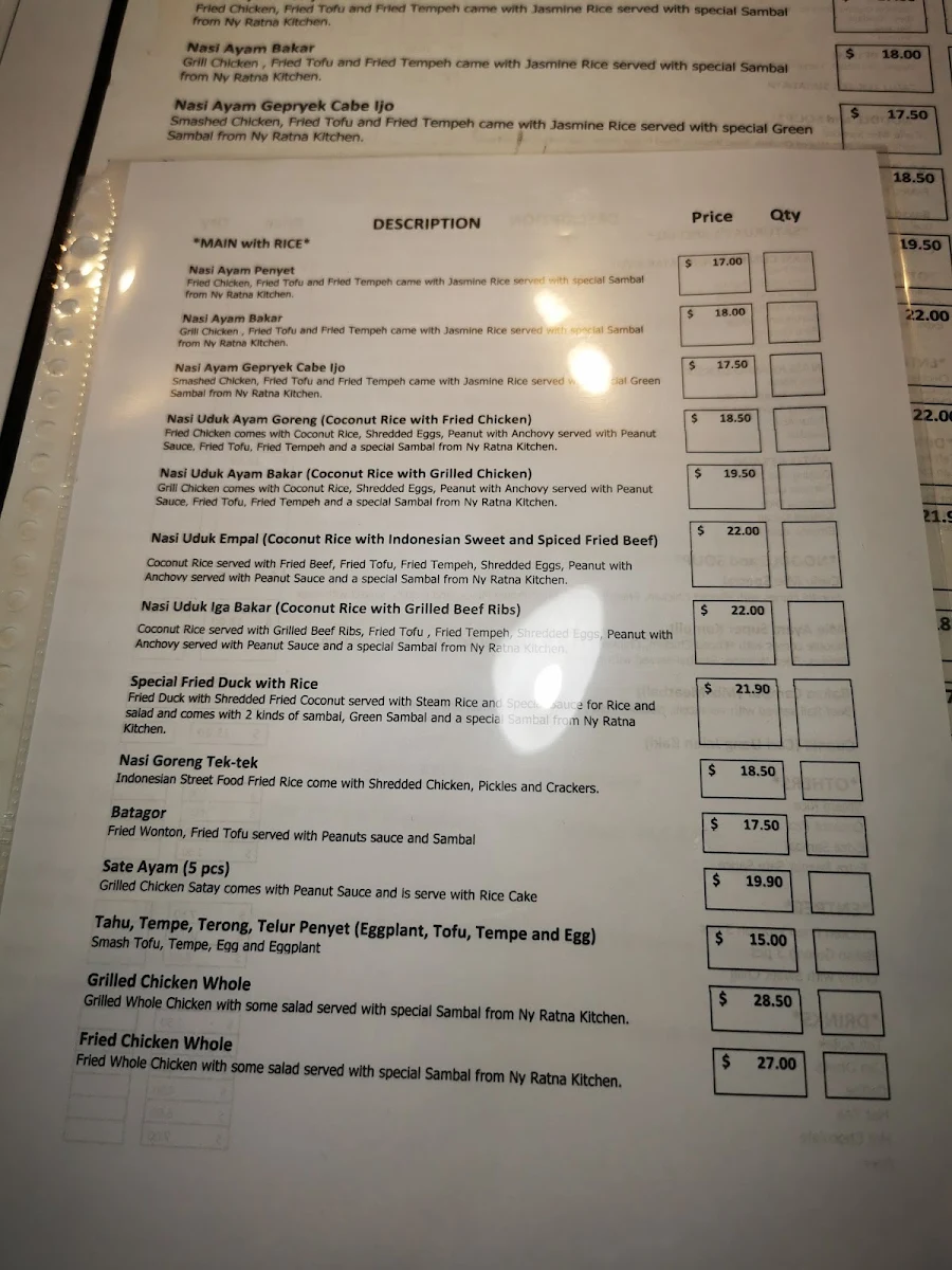 Menu, Ny Ratna Kitchen