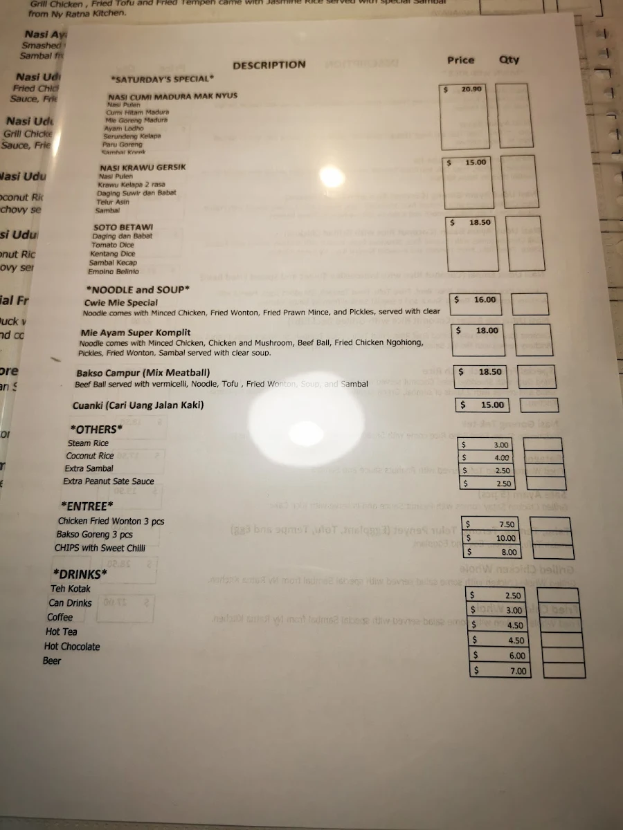 Menu, Ny Ratna Kitchen