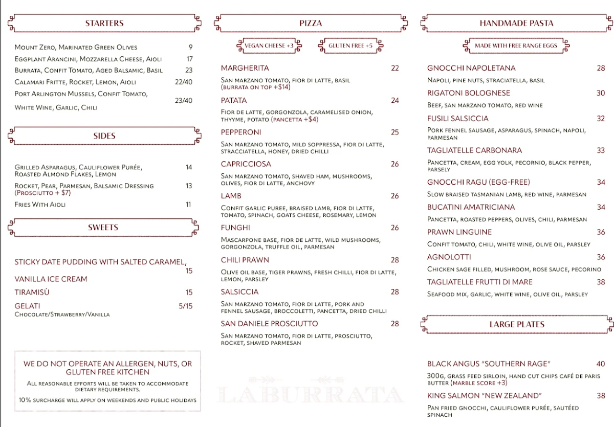 Menu, La Burrata Moonee Ponds