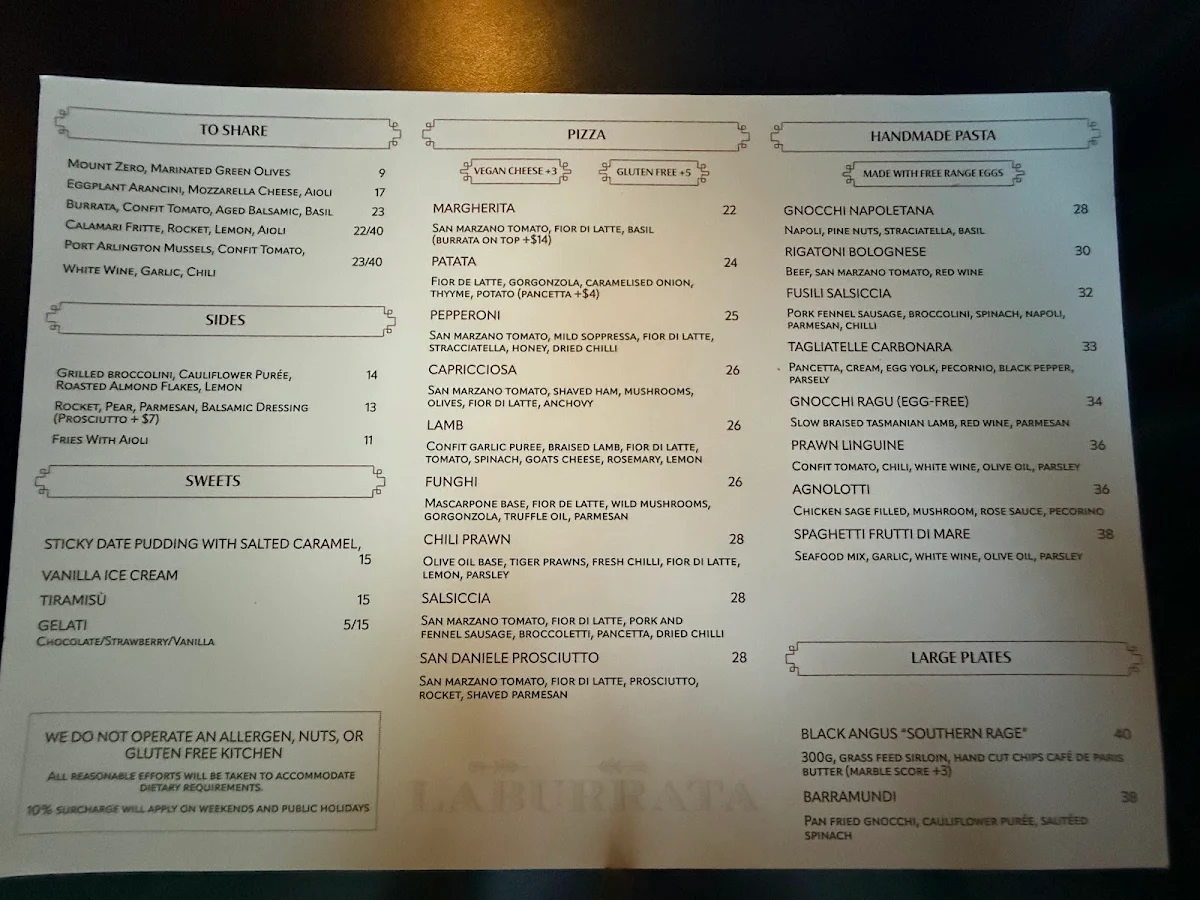 Menu, La Burrata Moonee Ponds