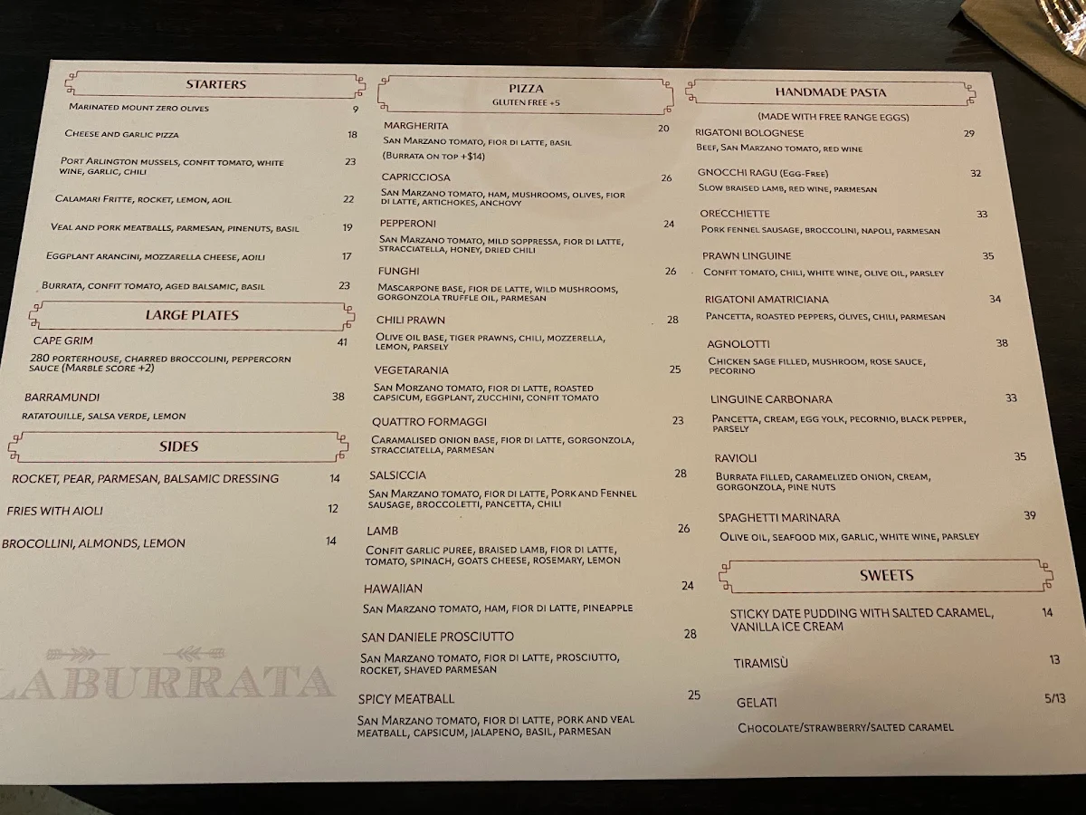 Menu, La Burrata Moonee Ponds