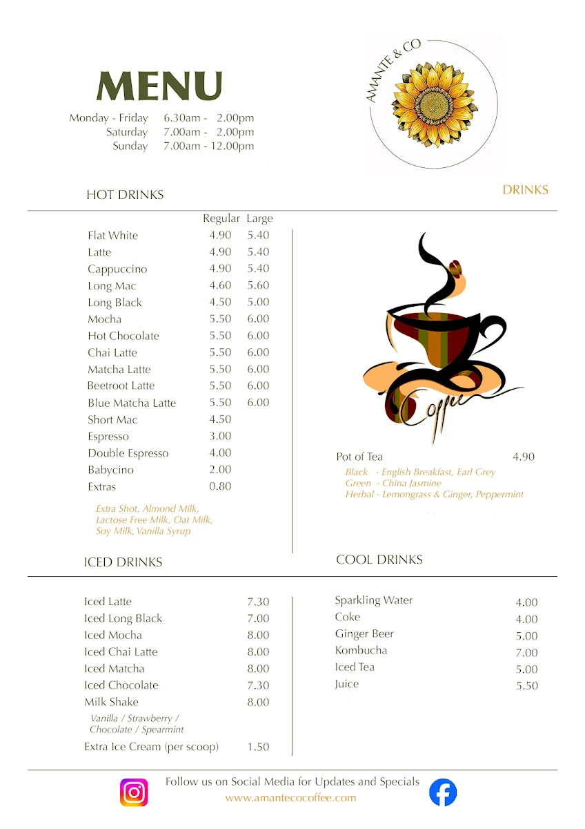Menu, Amante & Co Coffee