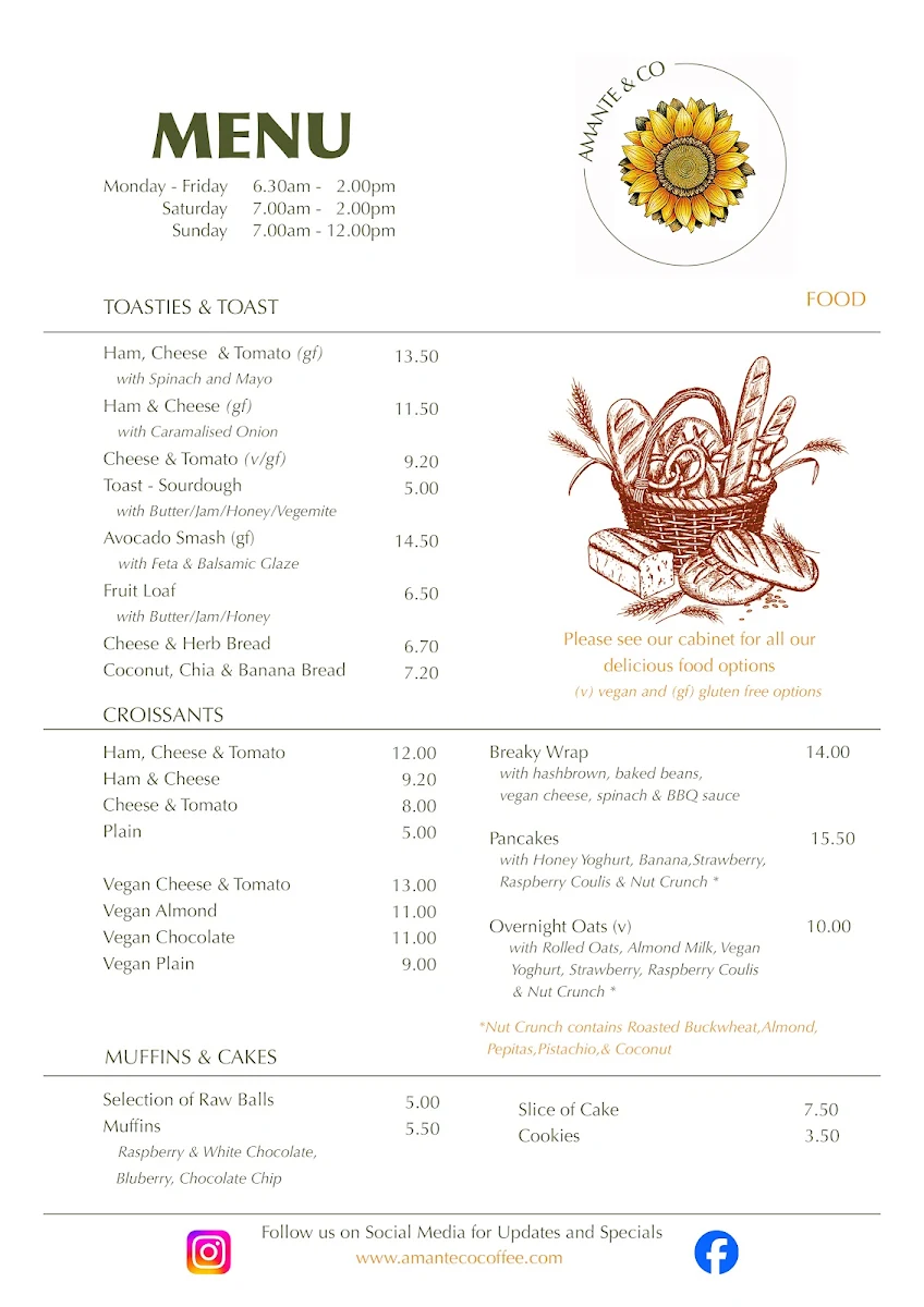 Menu, Amante & Co Coffee