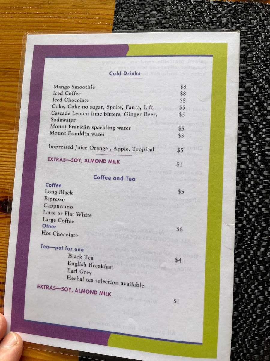 Menu, The Purple Mango Cafe and Brewery