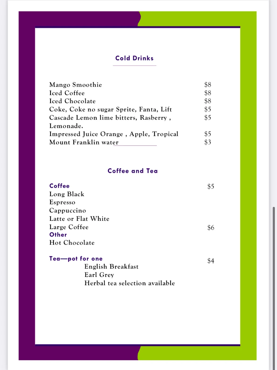 Menu, The Purple Mango Cafe and Brewery