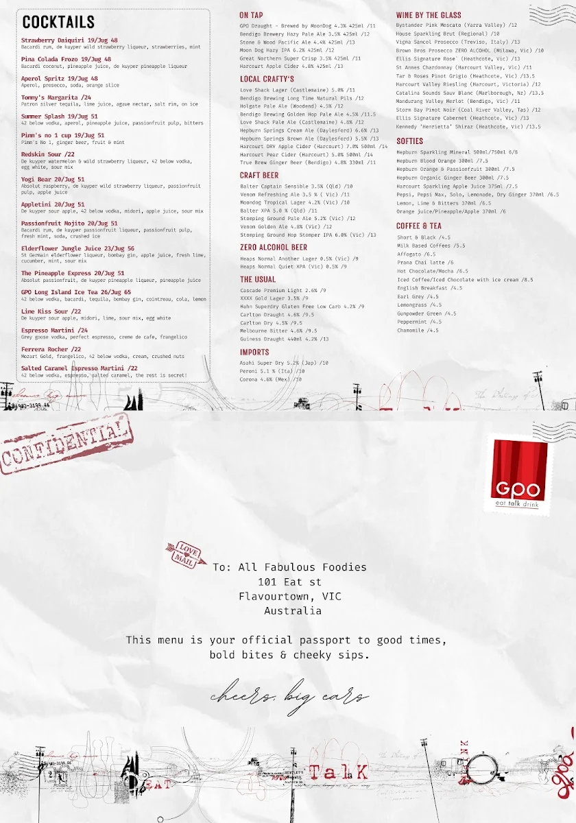 Menu, GPO Bendigo