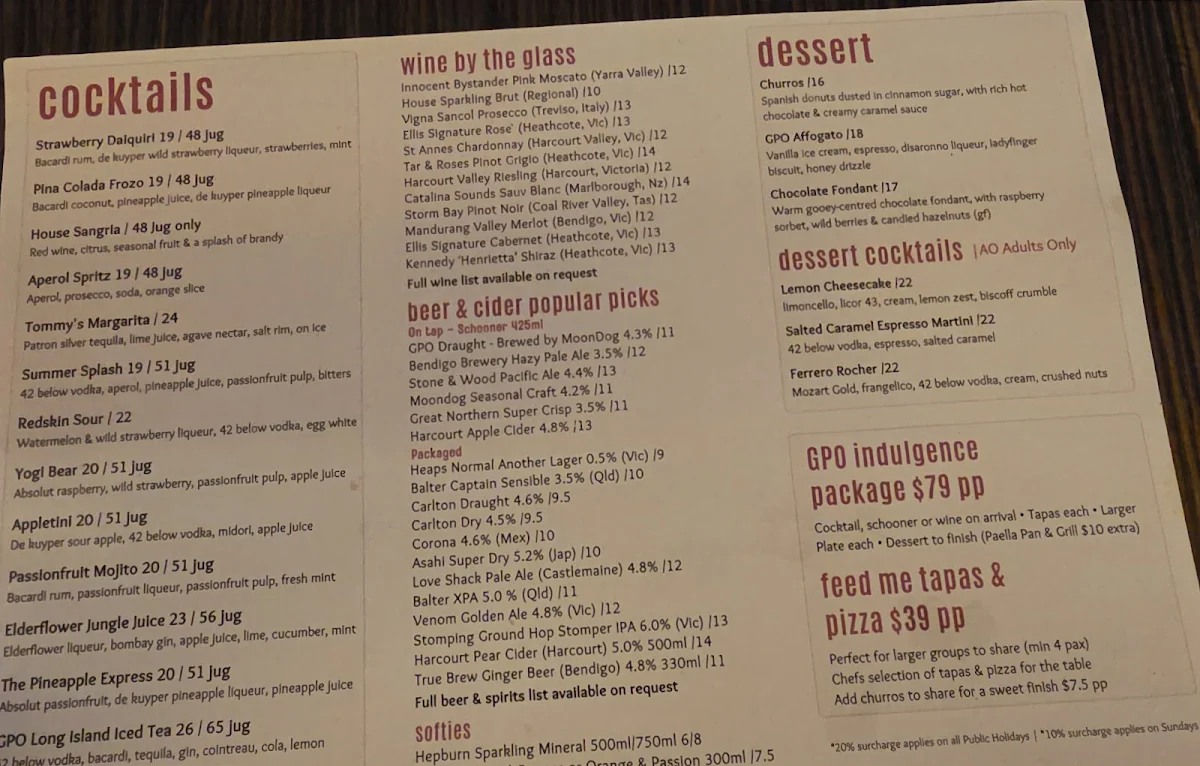 Menu, GPO Bendigo