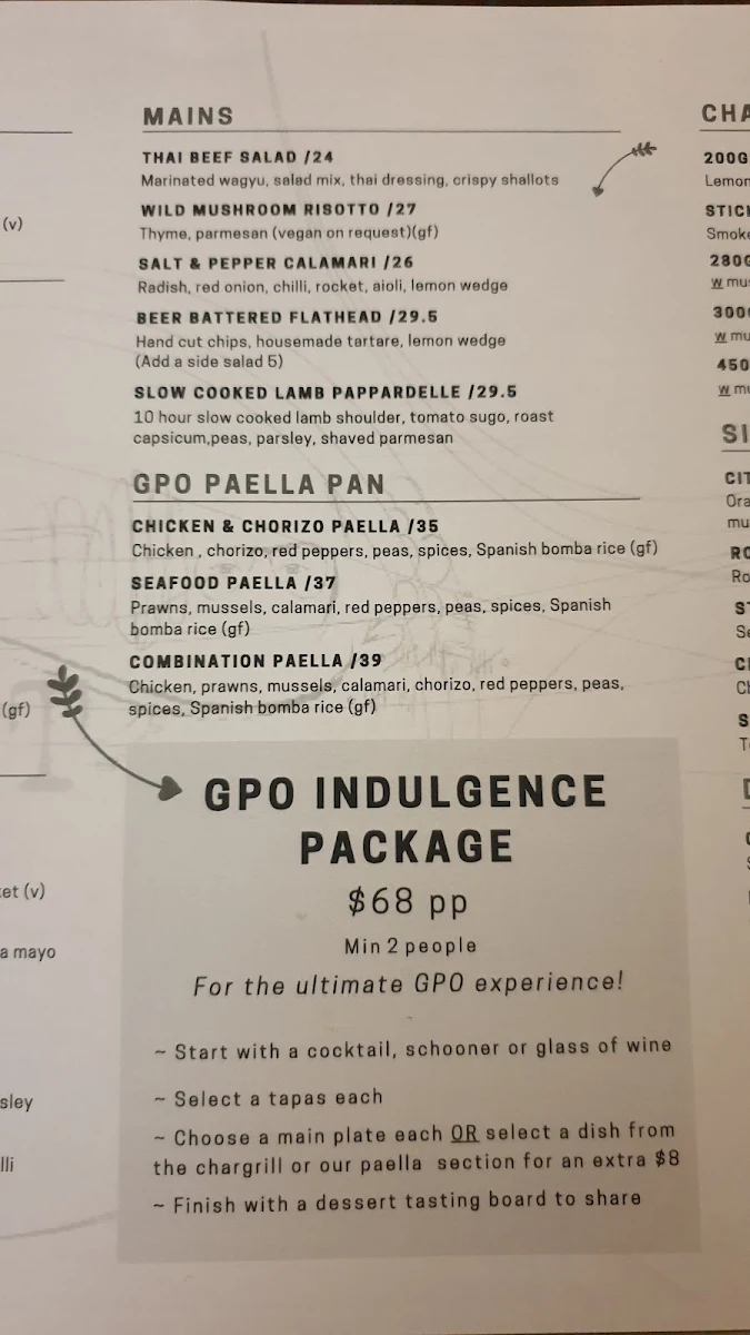 Menu, GPO Bendigo