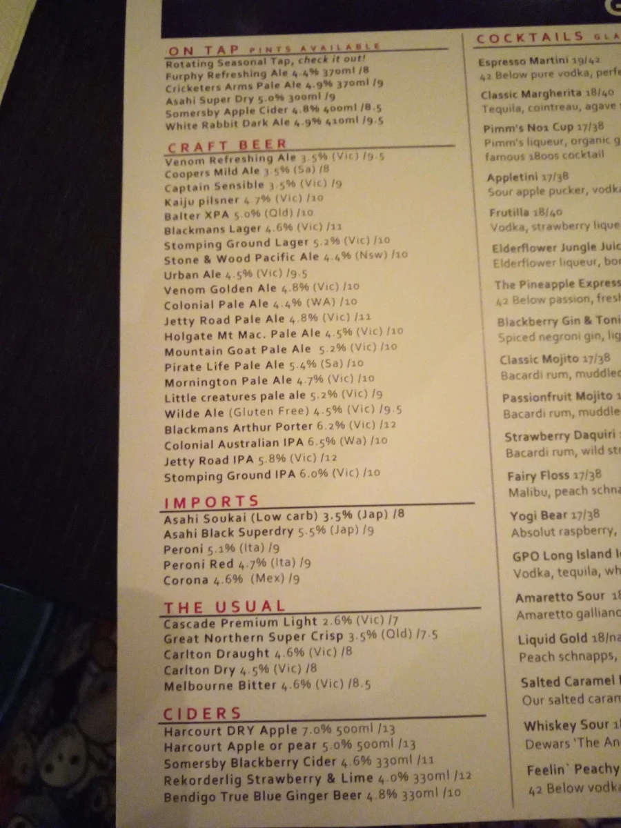 Menu, GPO Bendigo
