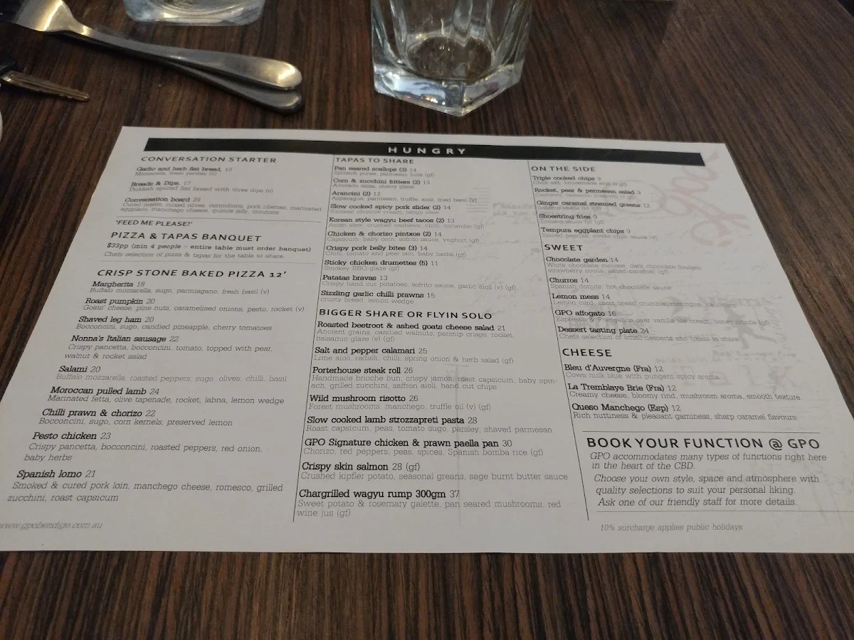 Menu, GPO Bendigo