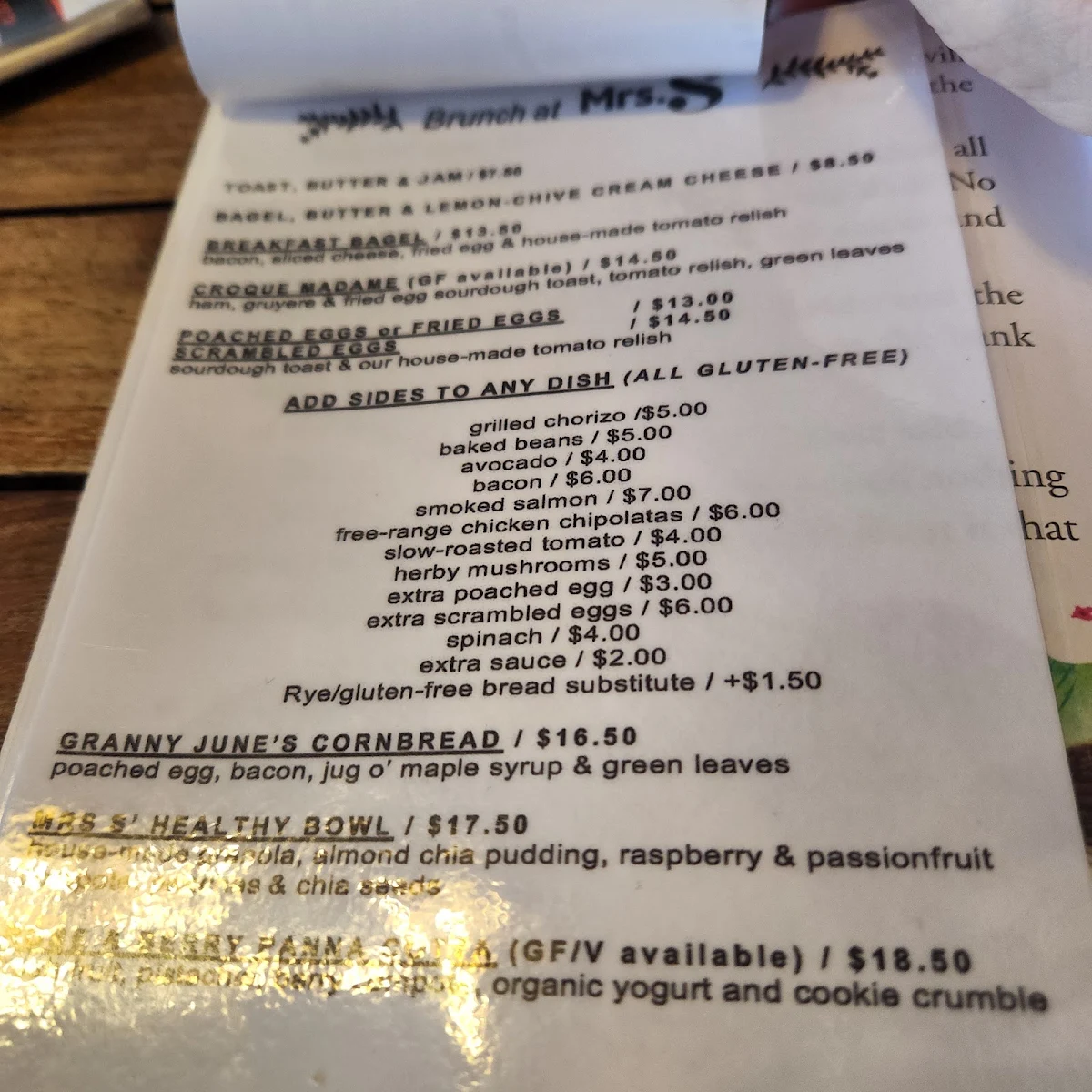 Menu, Mrs. S Café