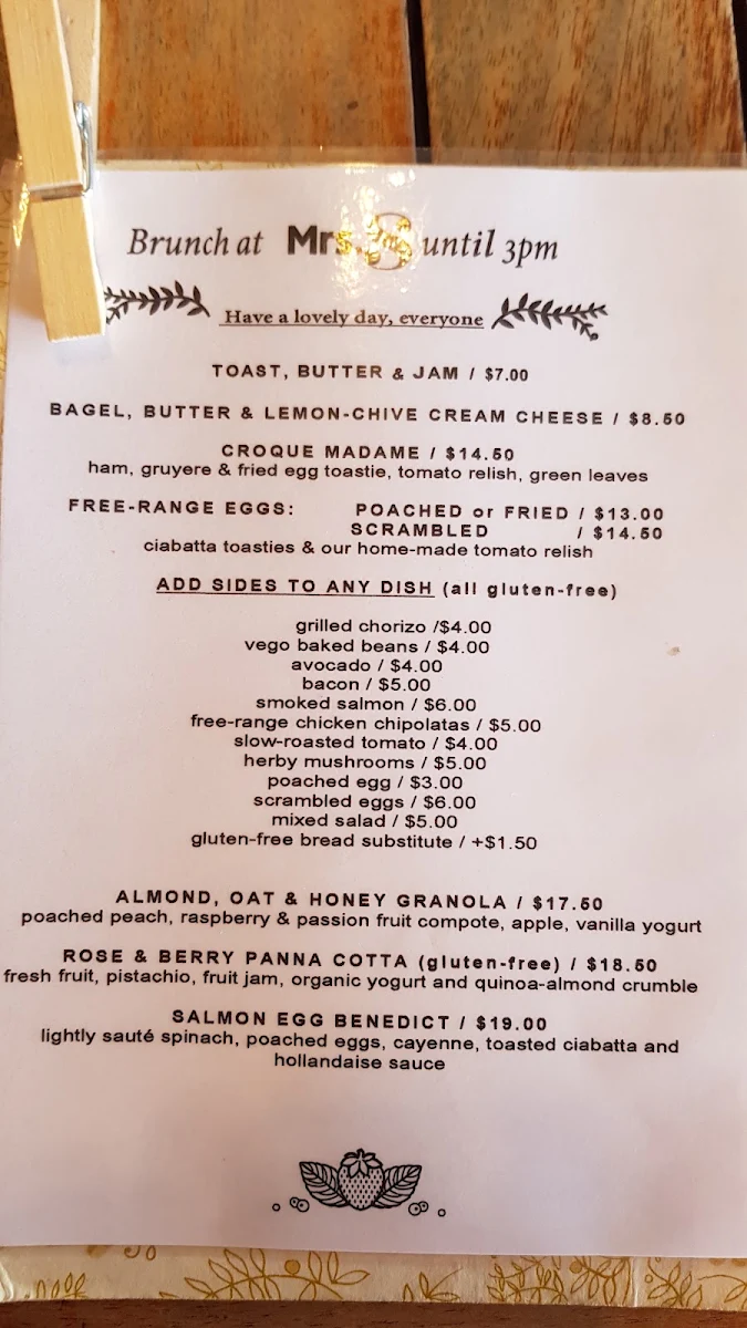 Menu, Mrs. S Café