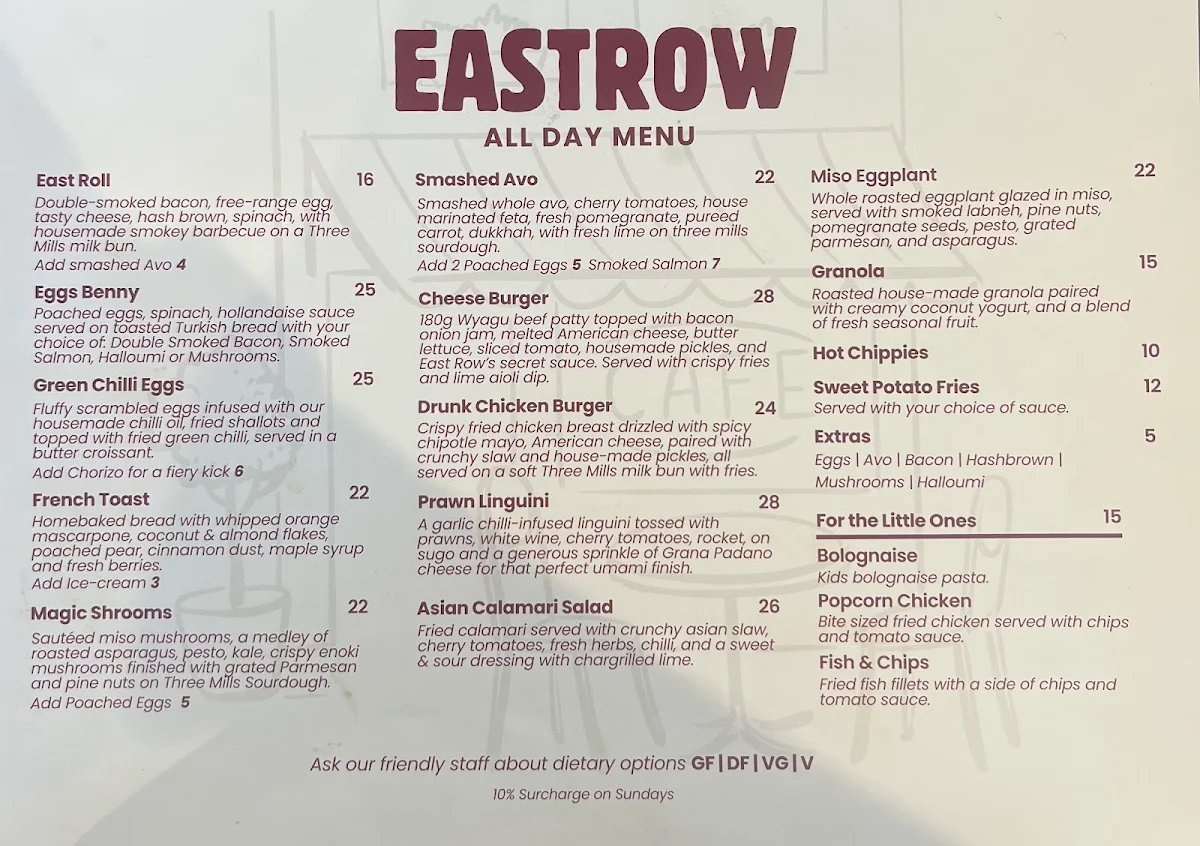 Menu, East Row Cafe