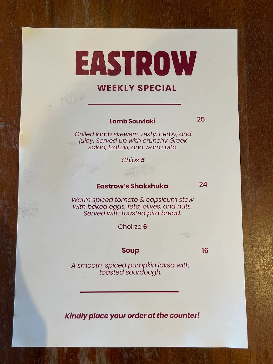 Menu, East Row Cafe