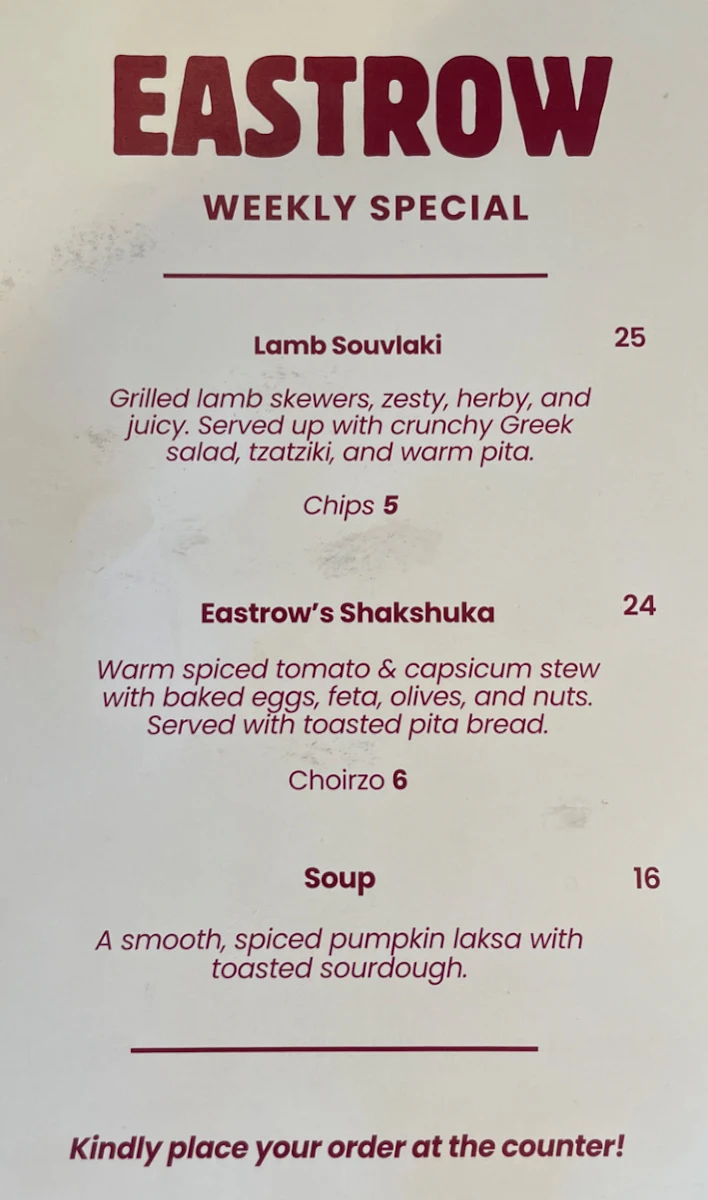 Menu, East Row Cafe