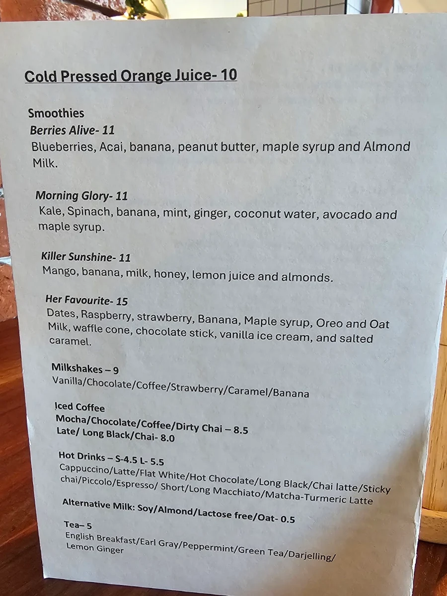 Menu, East Row Cafe
