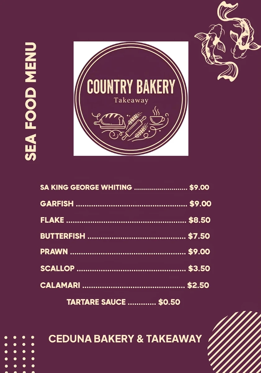 Menu, Country Bakery & Takeaway
