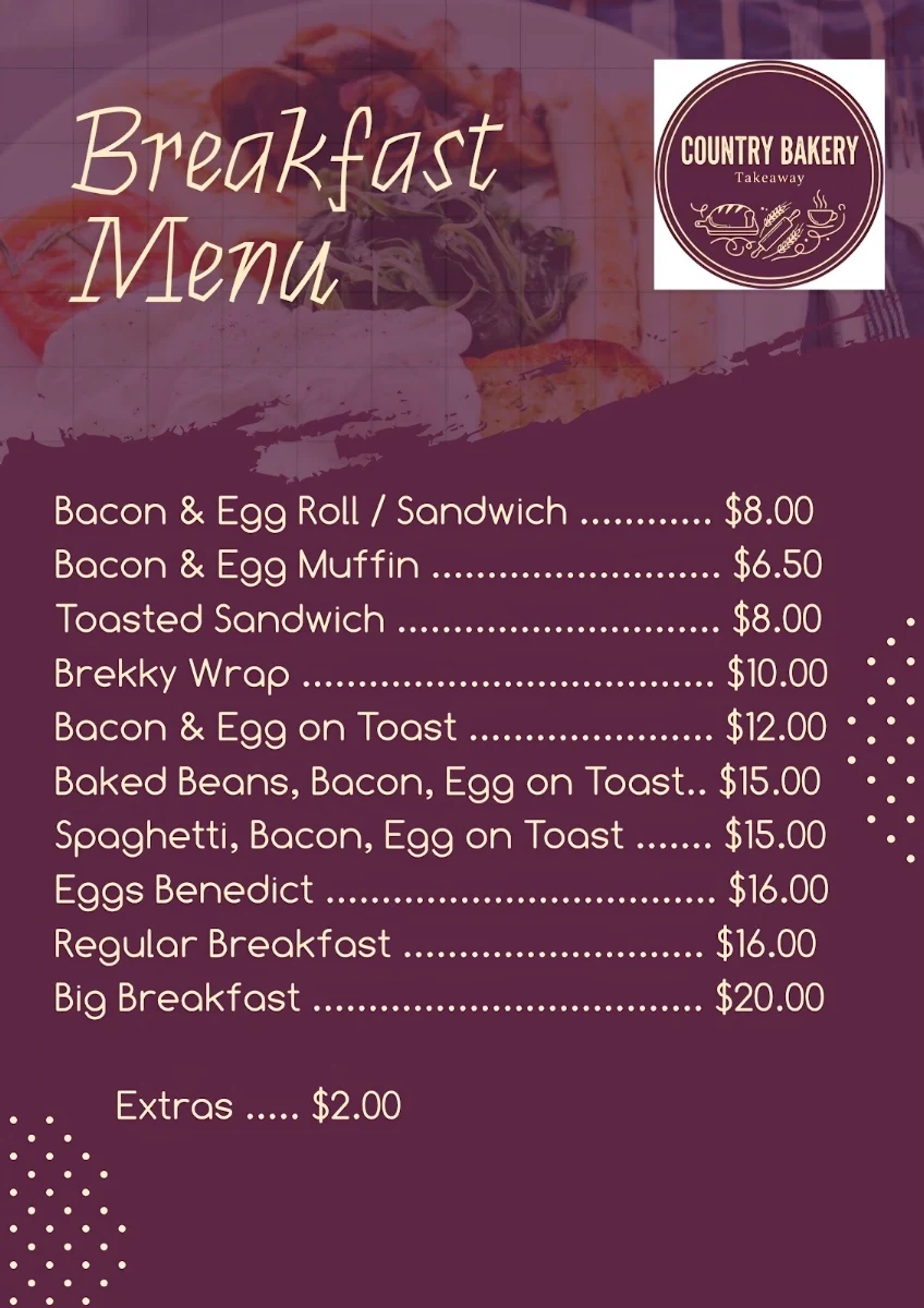 Menu, Country Bakery & Takeaway