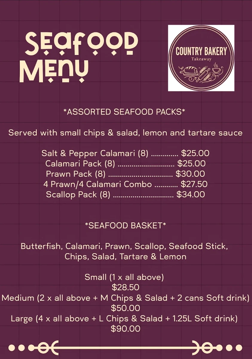 Menu, Country Bakery & Takeaway