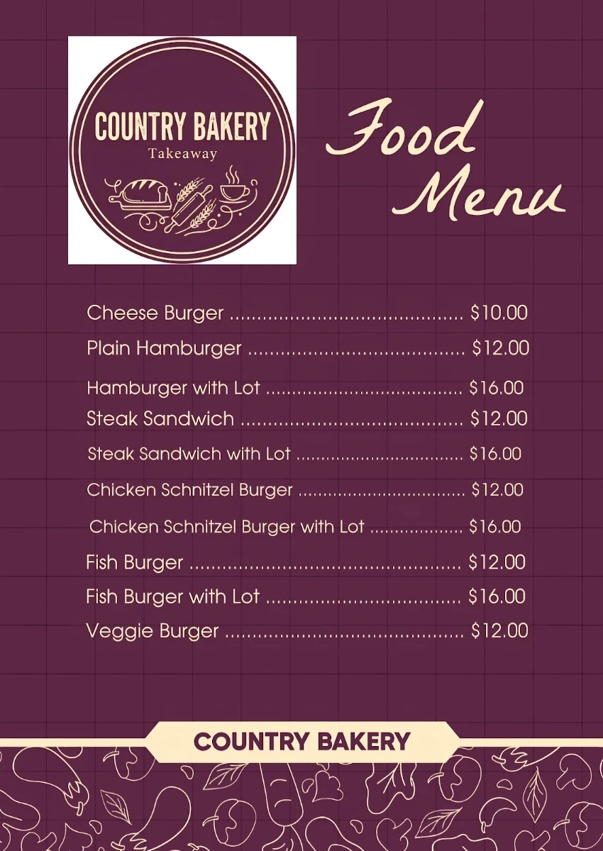 Menu, Country Bakery & Takeaway