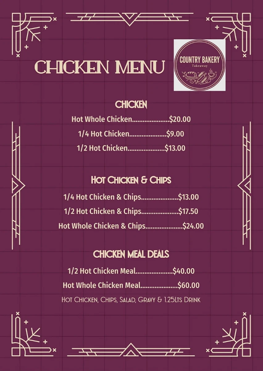 Menu, Country Bakery & Takeaway