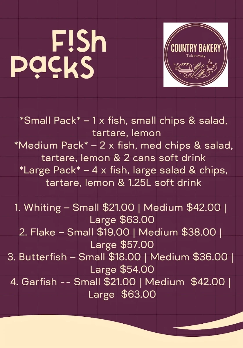Menu, Country Bakery & Takeaway