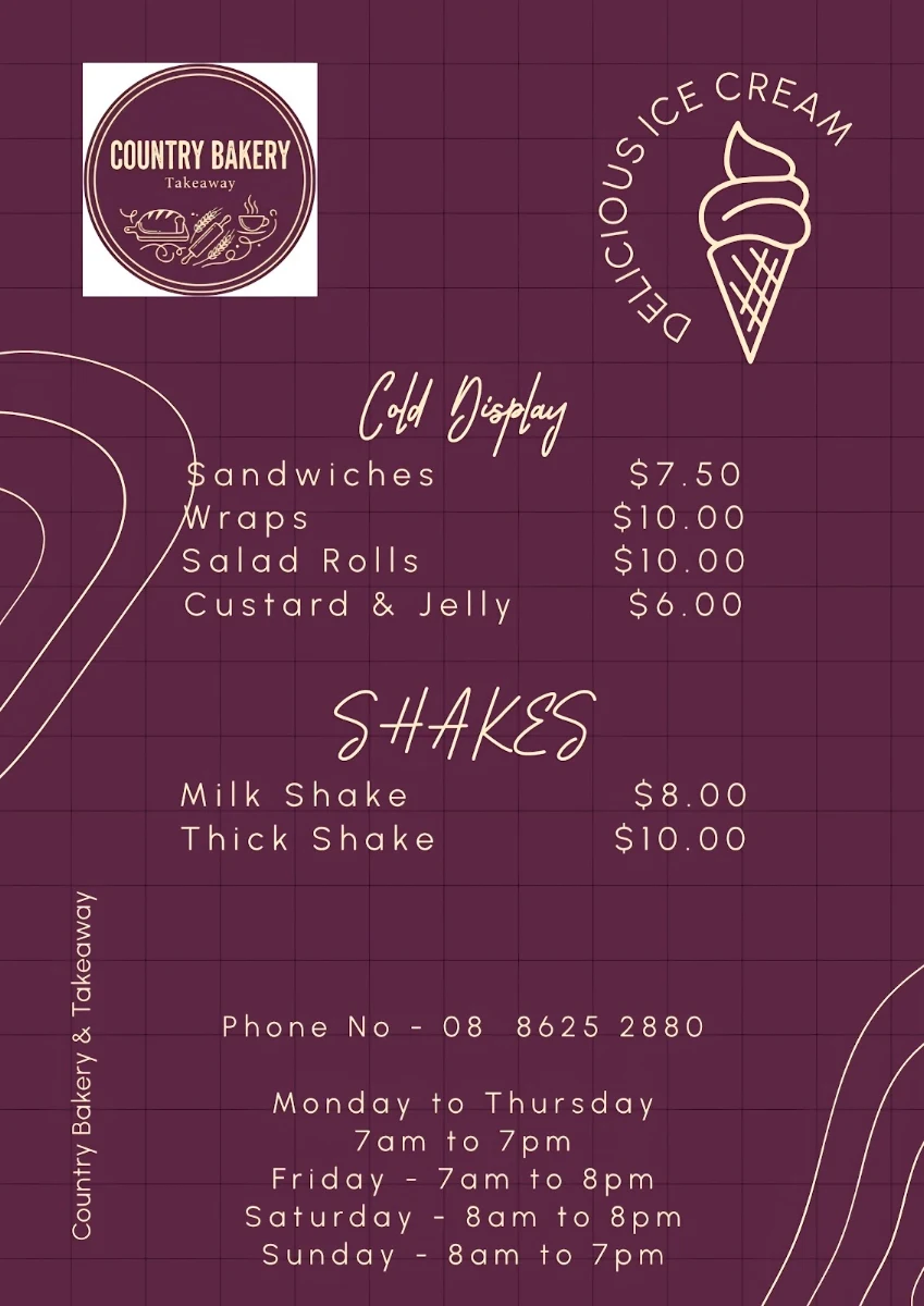Menu, Country Bakery & Takeaway