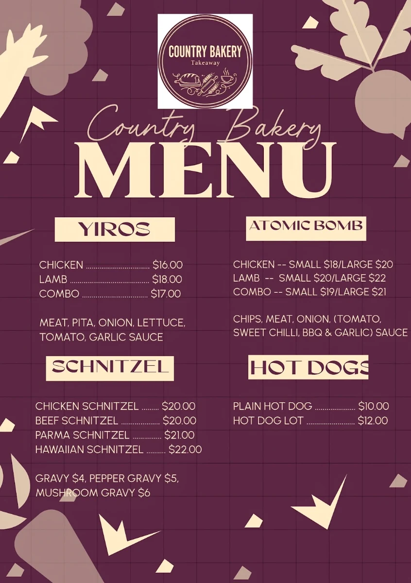 Menu, Country Bakery & Takeaway