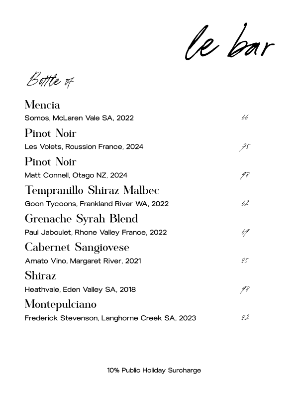 Menu, Le Bar Berry