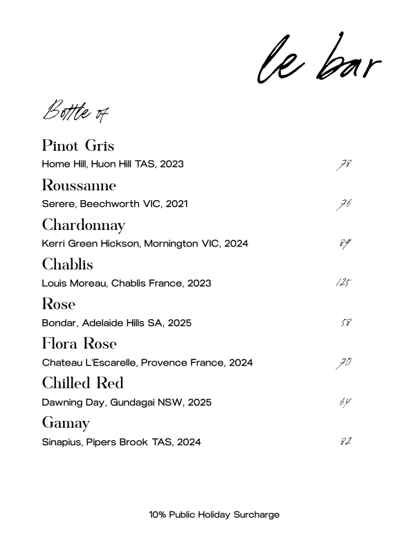 Menu, Le Bar Berry