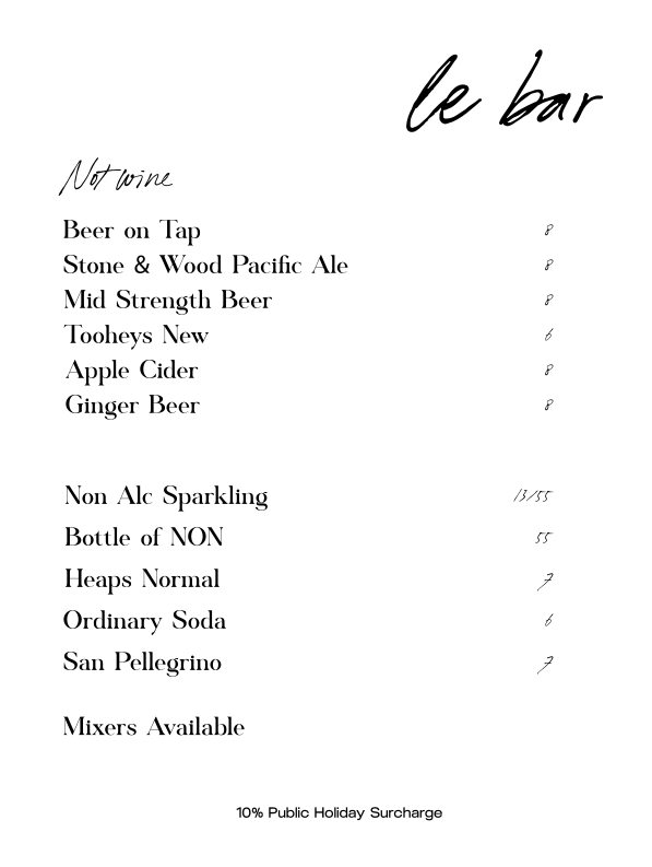Menu, Le Bar Berry