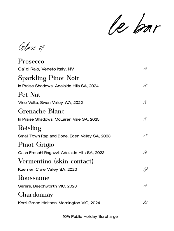 Menu, Le Bar Berry
