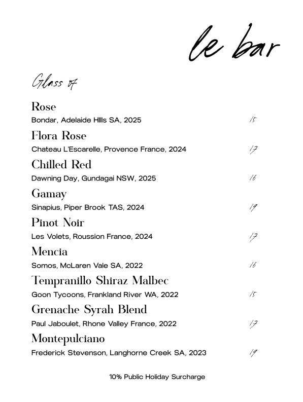 Menu, Le Bar Berry