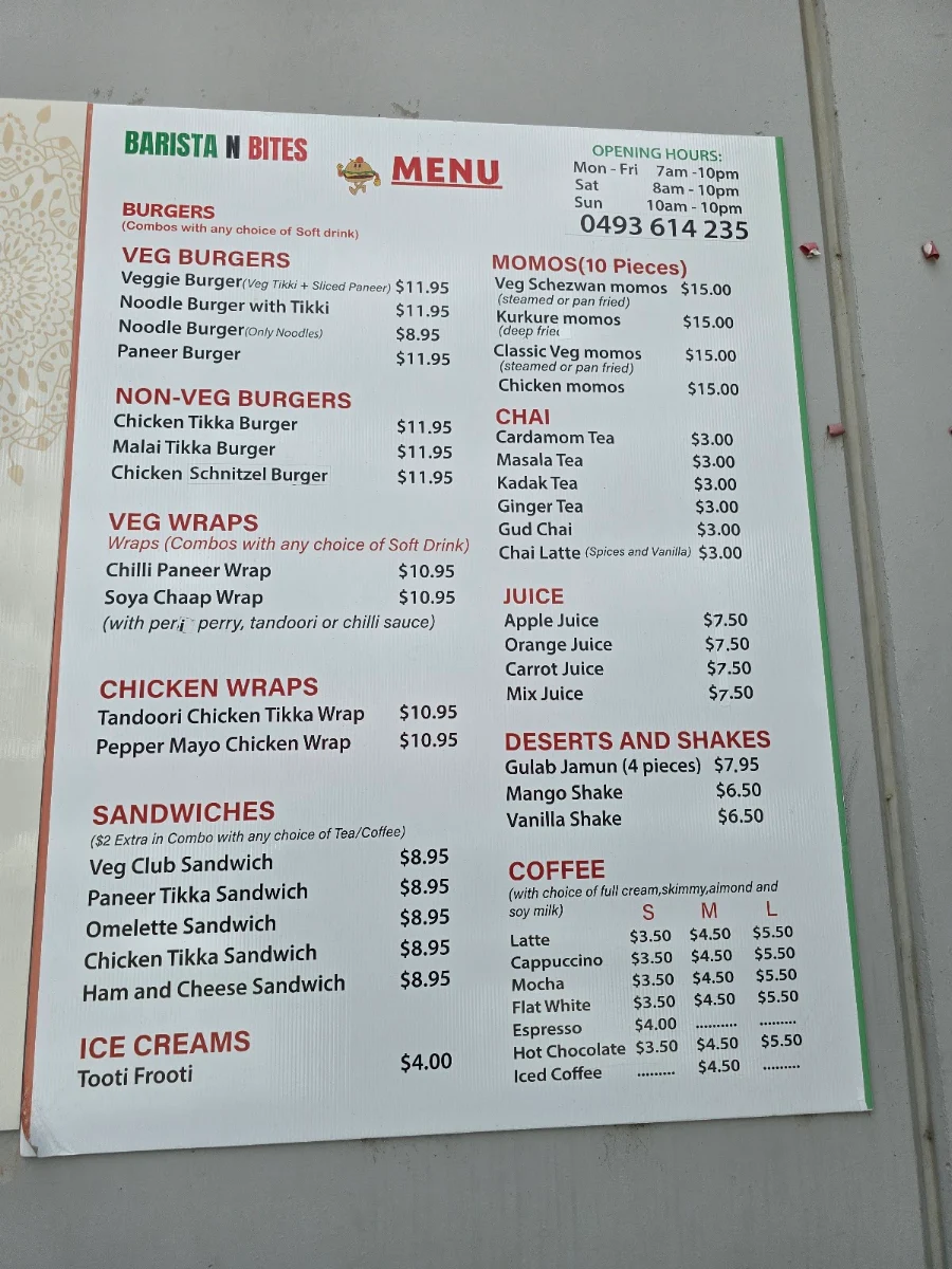 Menu, Barista N Bites