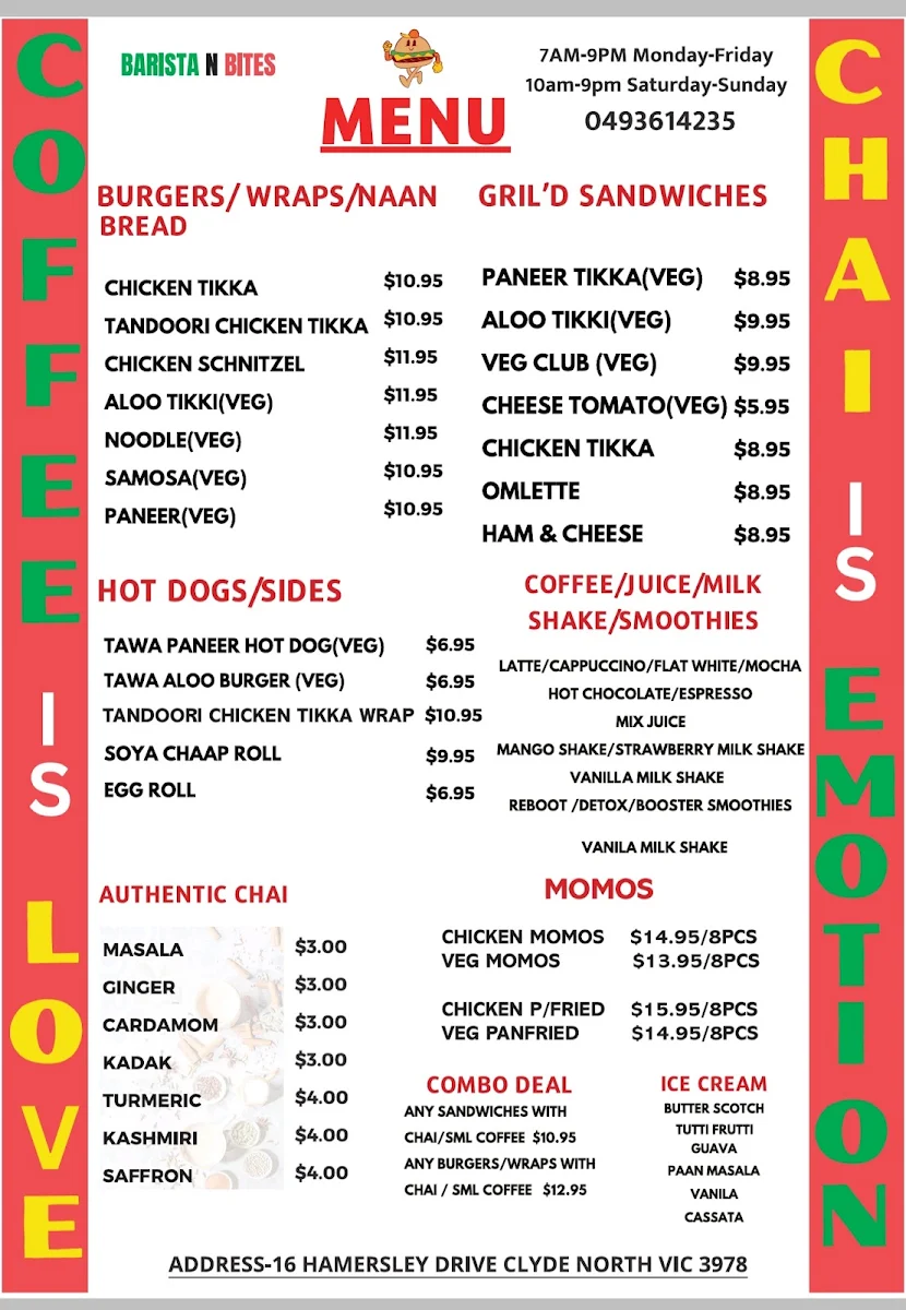Menu, Barista N Bites