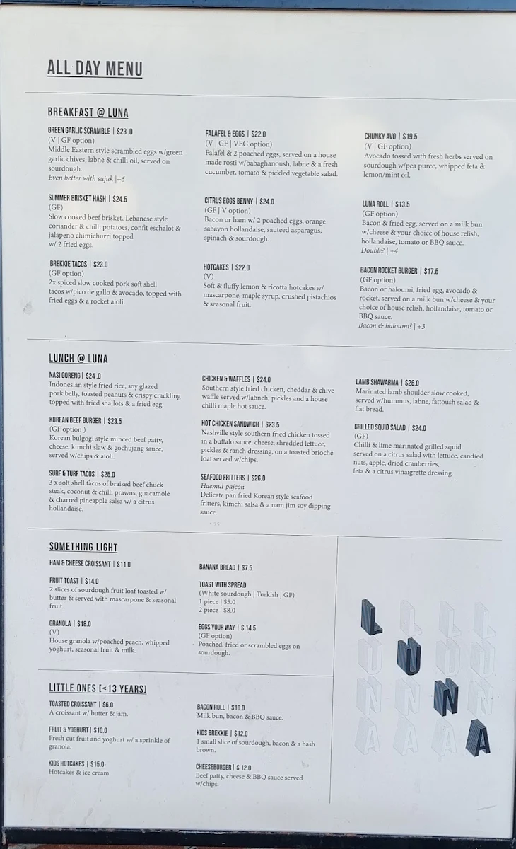 Menu, Luna