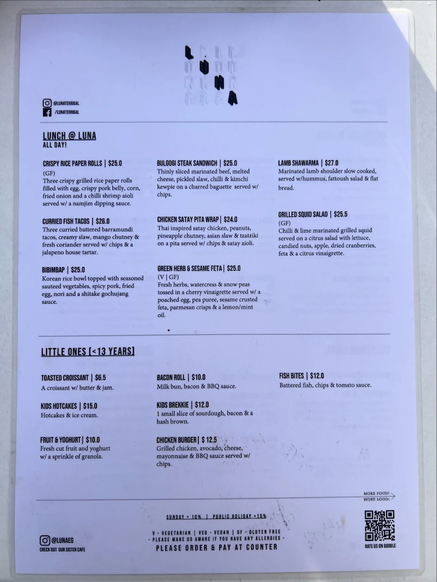 Menu, Luna
