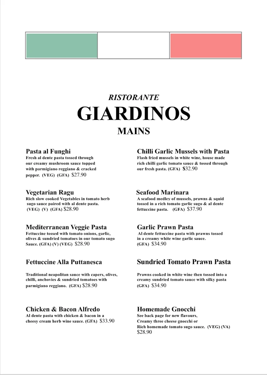 Menu, Giardinos restaurant