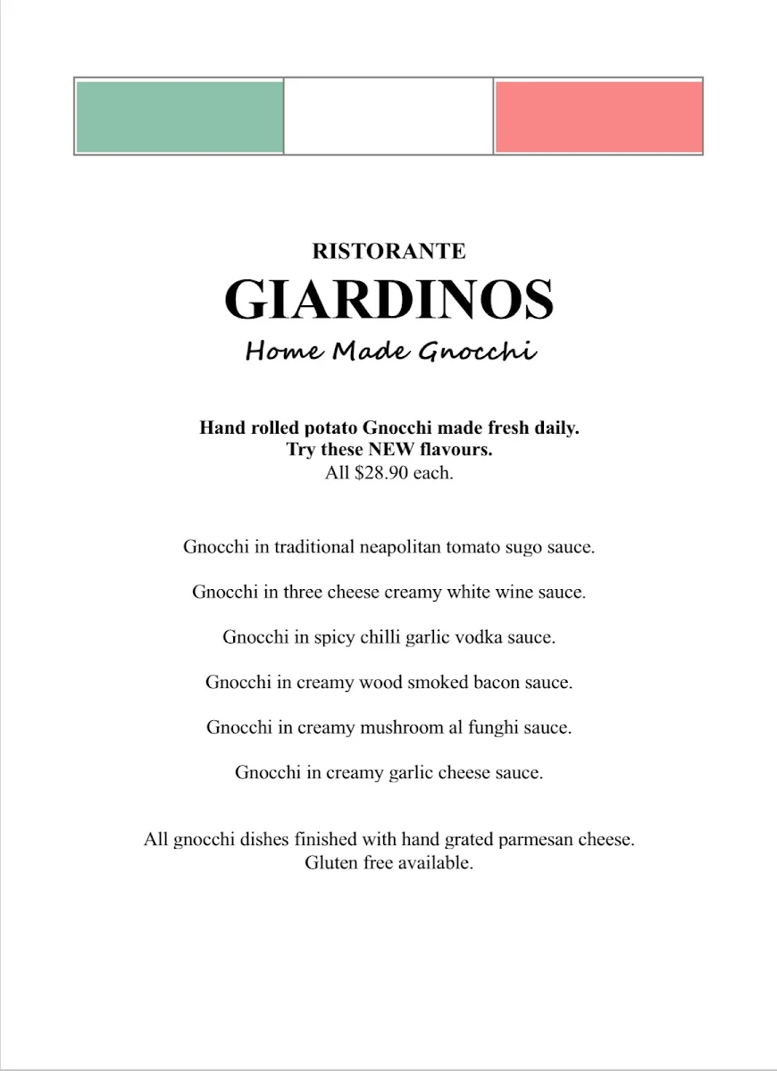 Menu, Giardinos restaurant