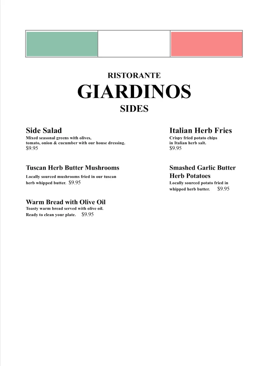 Menu, Giardinos restaurant