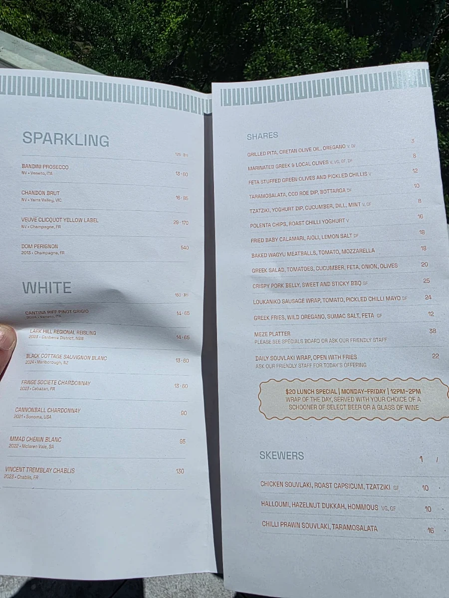 Menu, The Bristol
