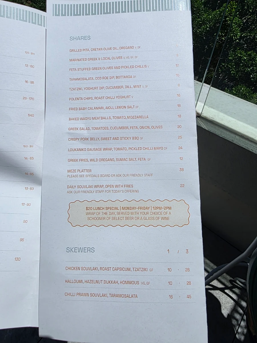 Menu, The Bristol