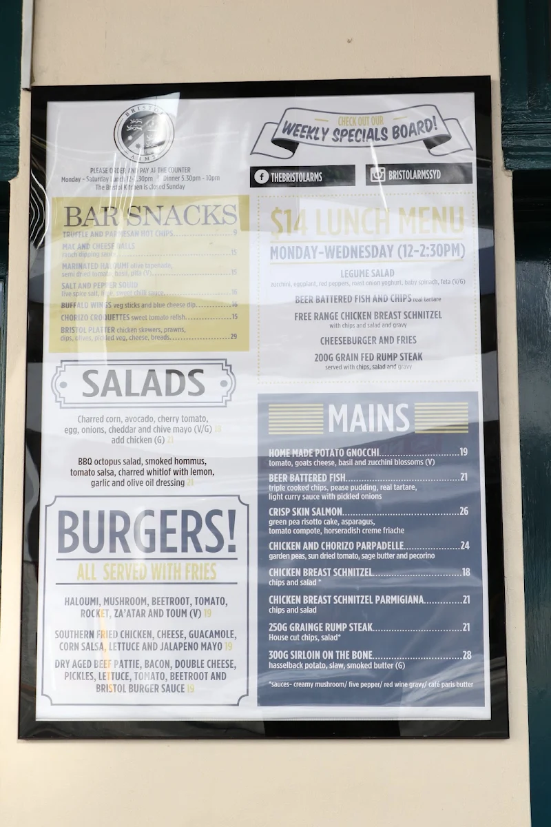 Menu, The Bristol